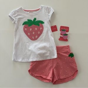 Isaac Mizrahi Girls 4 Pink Strawberry Top Shorts Hair Clip Set Outfit Spring